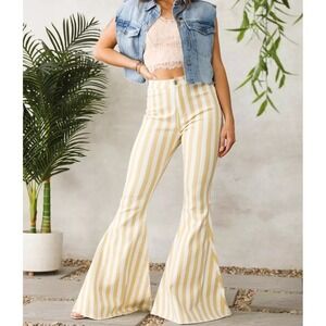 Peach Love Pants Womens Sm Pink Striped Bell Bottom Flare High Rise Raw Hem Boho